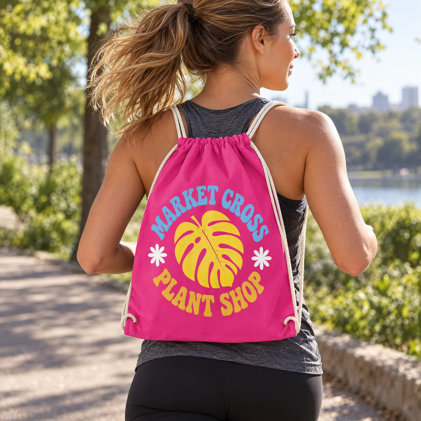 Fuchsia Cotton Drawstring Bag with Rope Cords lifestyle
