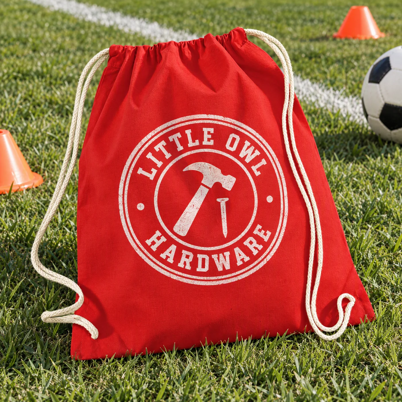 Bright red cotton drawstring bag printed with a white hardware shop logo, standing on grass