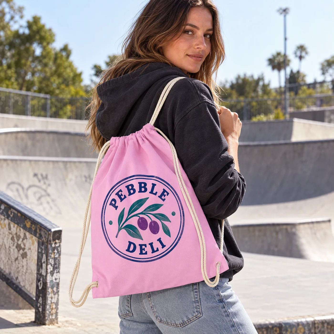 Classic Pink Cotton Drawstring Bag, Custom Printed lifestyle