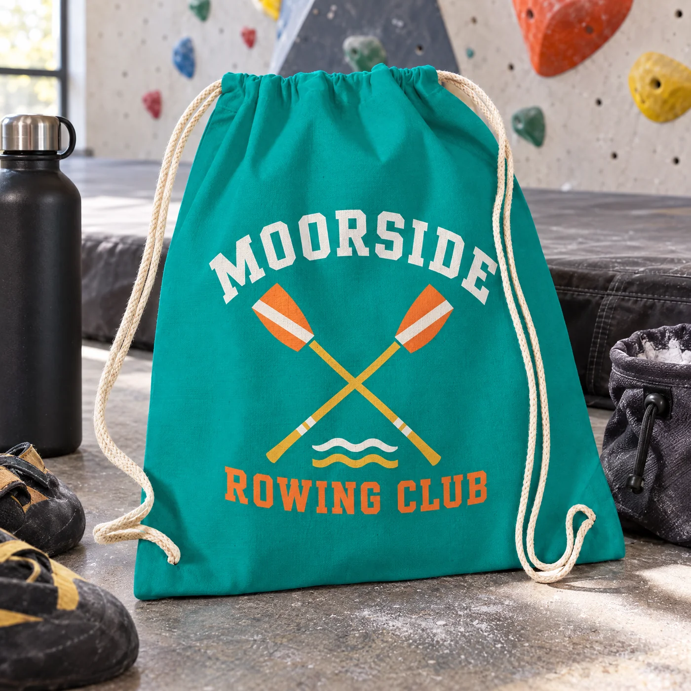Emerald Cotton Drawstring Bag in Deep Teal Green lifestyle