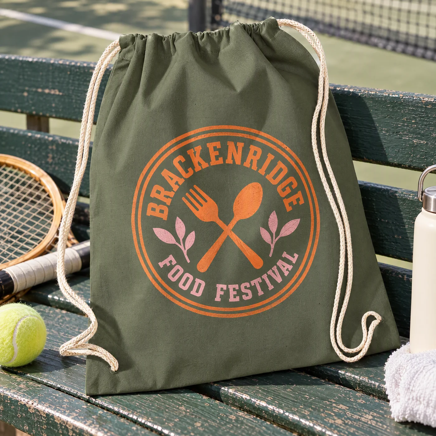 Olive Green Cotton Drawstring Bag with White Cords lifestyle